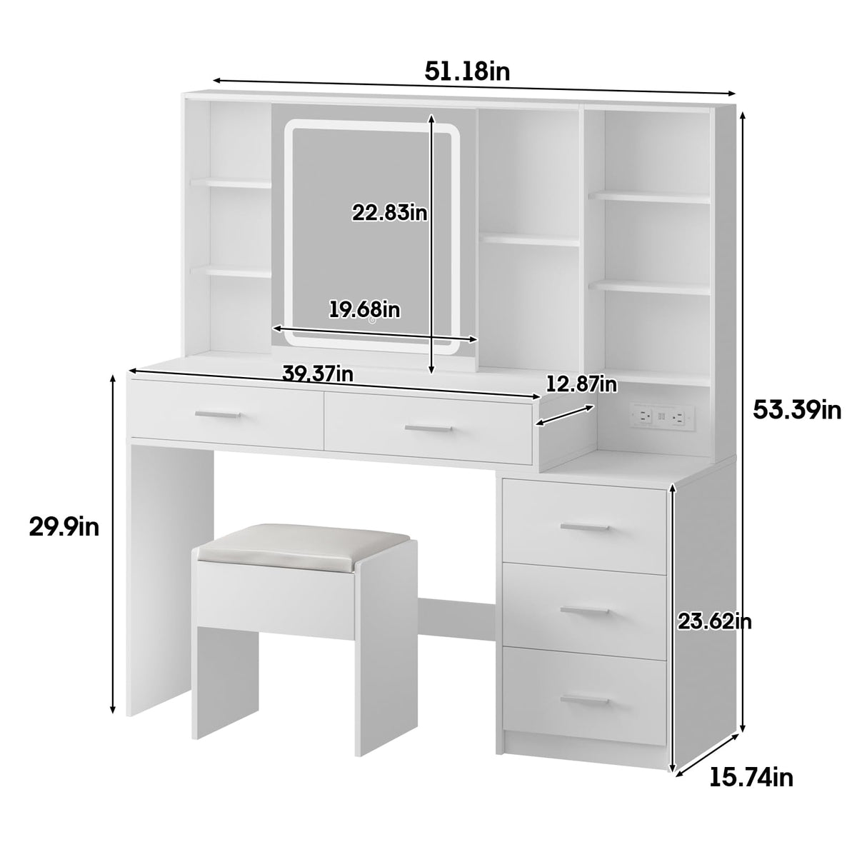 White Vanity Desk with Lighted Sliding Mirror, 5 Drawers and Stool Set P64135