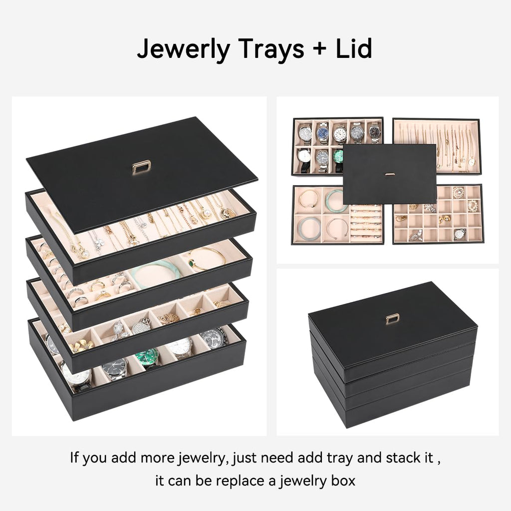Stackable Jewelry Organizer Tray with Lid Set of 4 Black F581