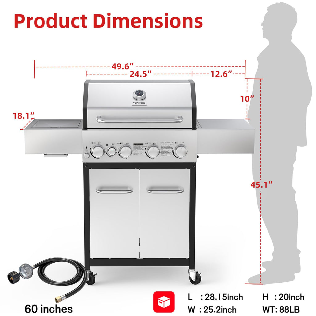 4 Burner Gas Grill with Side Burner and Wheels W858