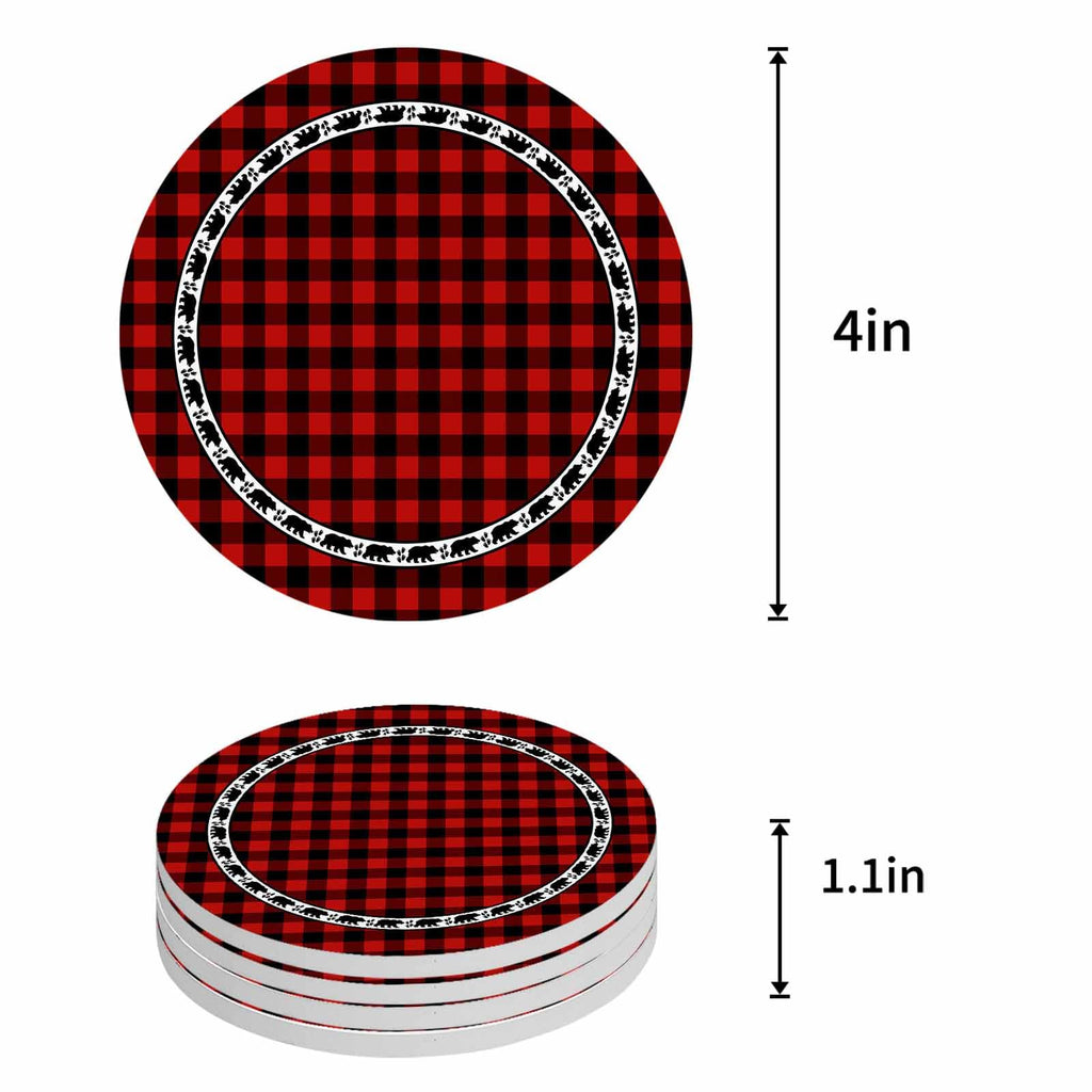 Red Black Buffalo Plaid Set of 6 Absorbent Stone Ceramic Coasters with Holder O57474