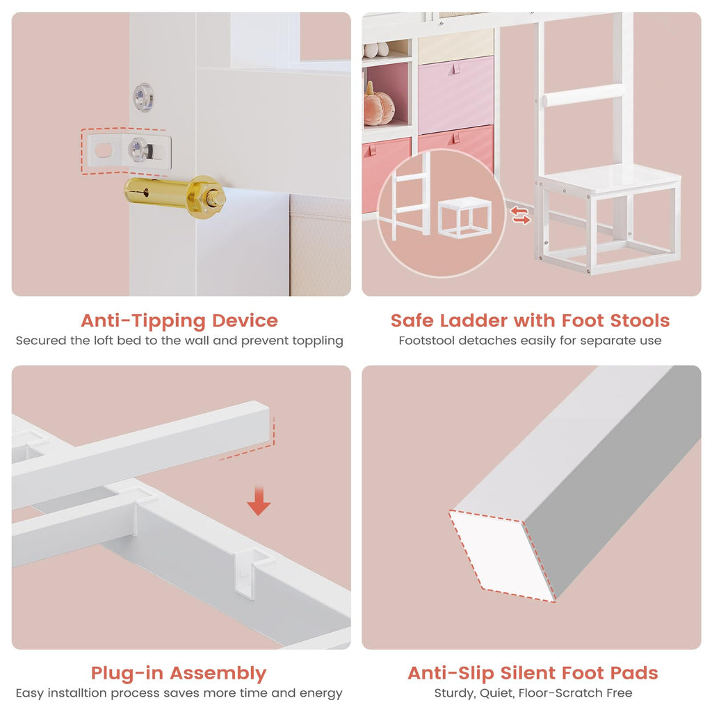 Twin Size Low Loft Bed with 9 Storage Drawers and Guardrail M7384