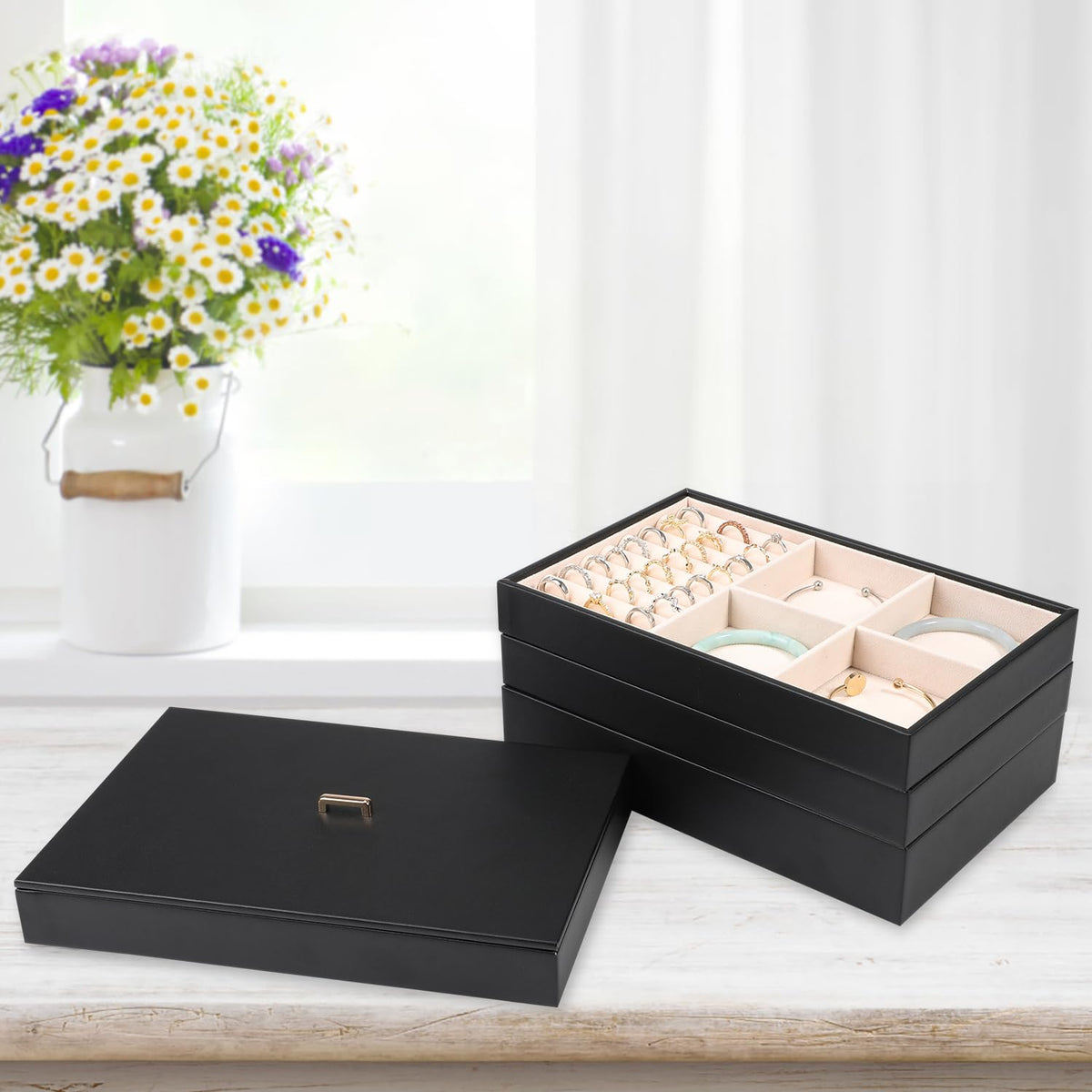 Stackable Jewelry Organizer Tray with Lid Set of 4 Black F581
