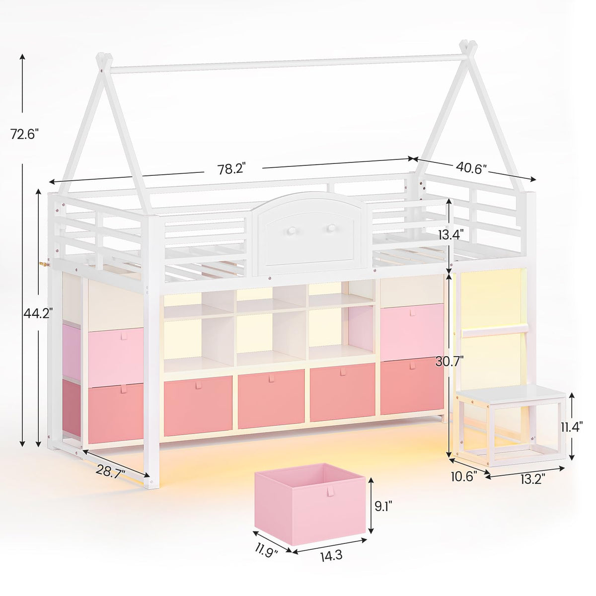 Twin Size Low Loft Bed with 9 Storage Drawers and Guardrail M7384