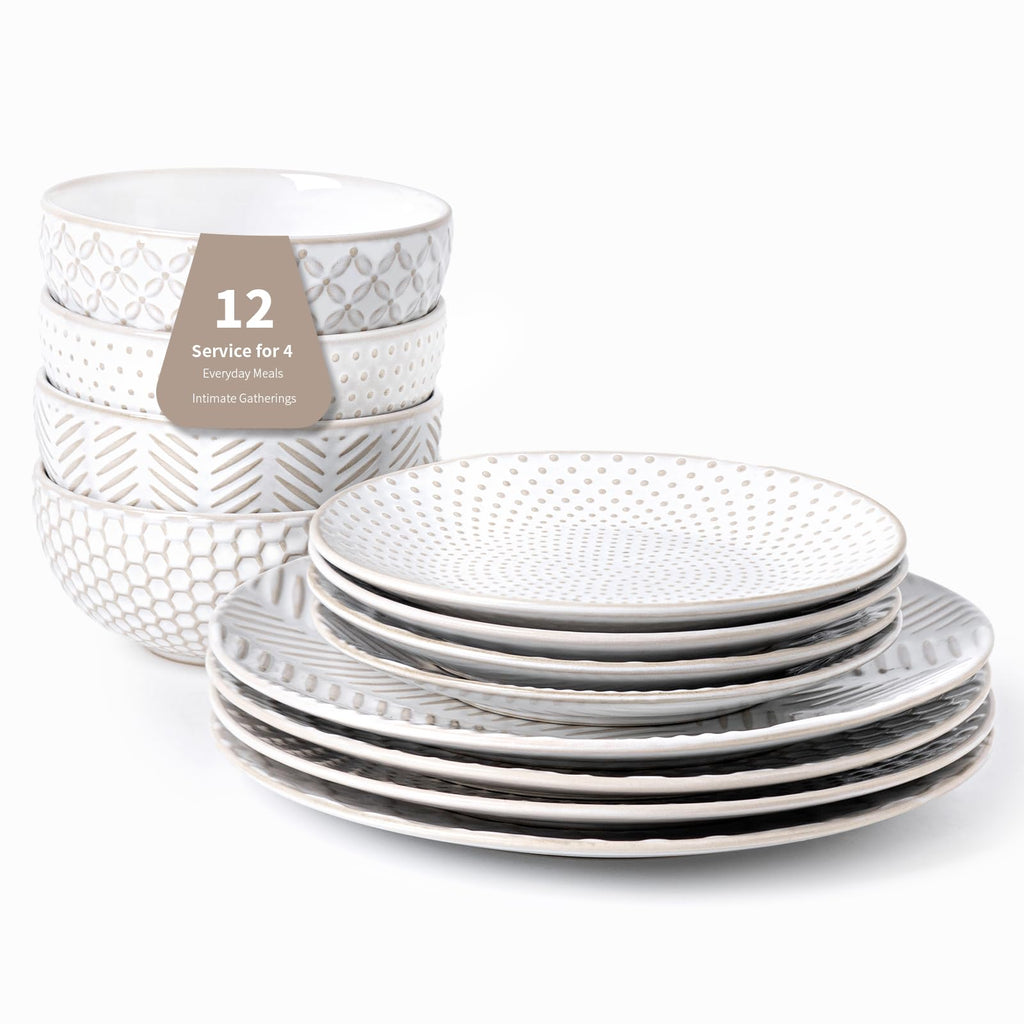 12 Piece Embossed Stoneware Dinnerware Sets for 4 O305