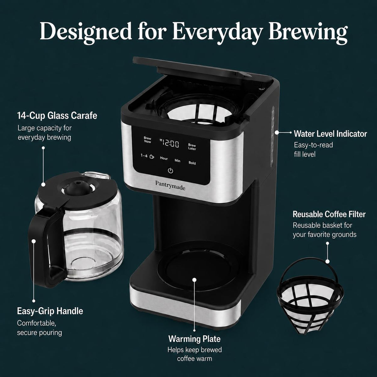 14-Cup Programmable Drip Coffee Maker with Glass Carafe, Black T128873