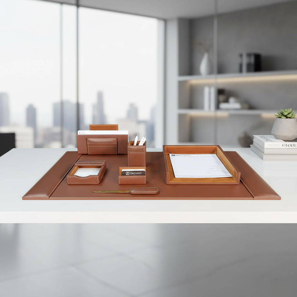 Rustic Brown Leather Desk Set, 7-Piece C6353