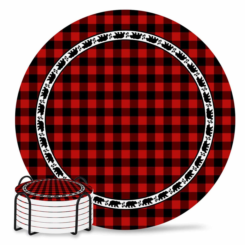 Red Black Buffalo Plaid Set of 6 Absorbent Stone Ceramic Coasters with Holder O57474