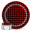 Red Black Buffalo Plaid Set of 6 Absorbent Stone Ceramic Coasters with Holder O57474