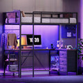 Twin Size Metal Loft Bed with L-Shaped Desk, 3 Storage Drawers, LED Light & Ladder V9363