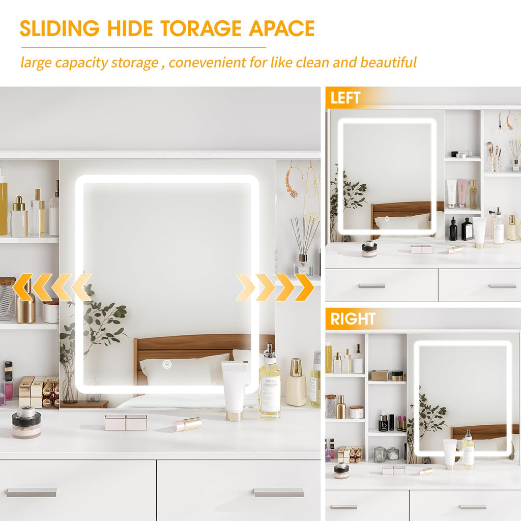 White Vanity Desk with Lighted Sliding Mirror, 5 Drawers and Stool Set P64135