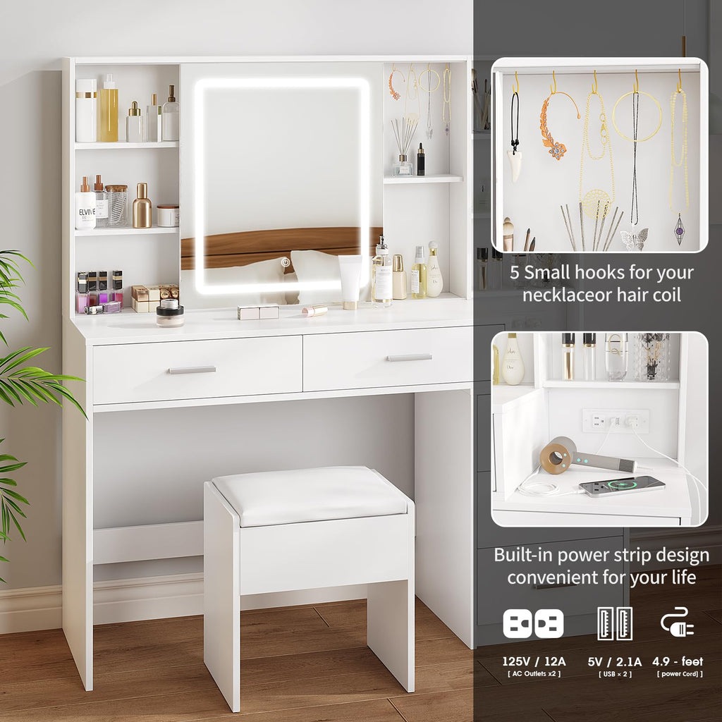 White Vanity Desk with Lighted Sliding Mirror, 5 Drawers and Stool Set P64135