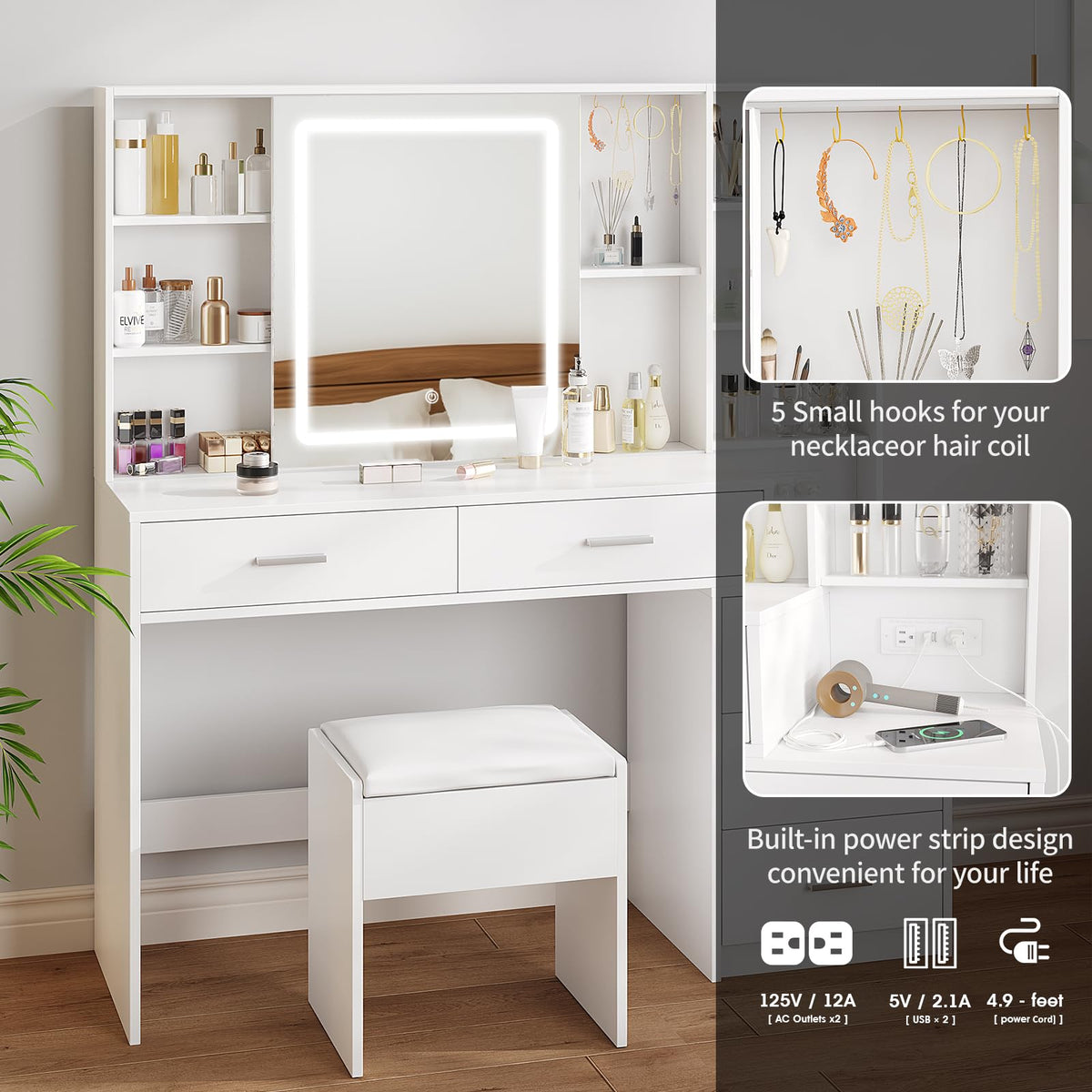 White Vanity Desk with Lighted Sliding Mirror, 5 Drawers and Stool Set P64135
