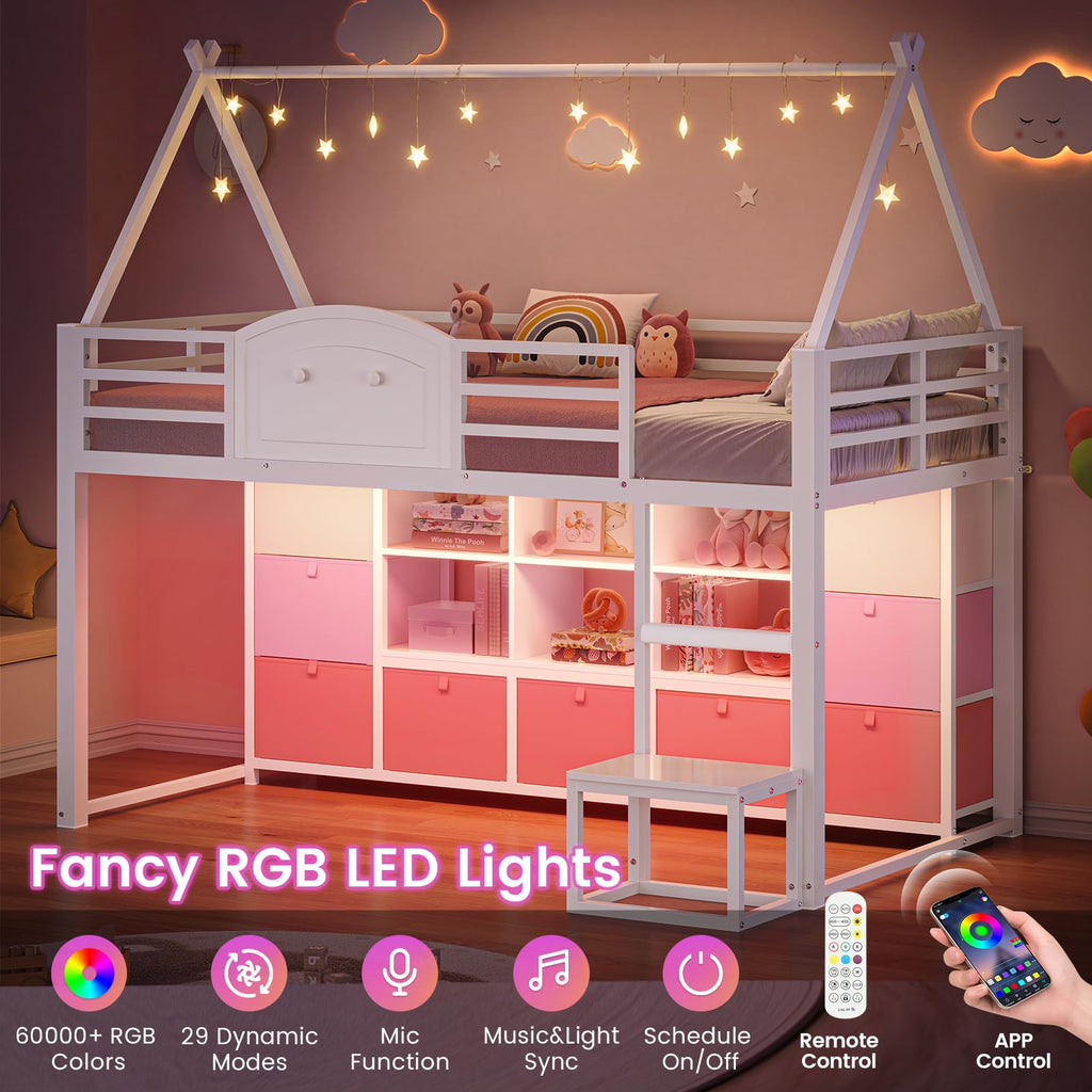 Twin Size Low Loft Bed with 9 Storage Drawers and Guardrail M7384
