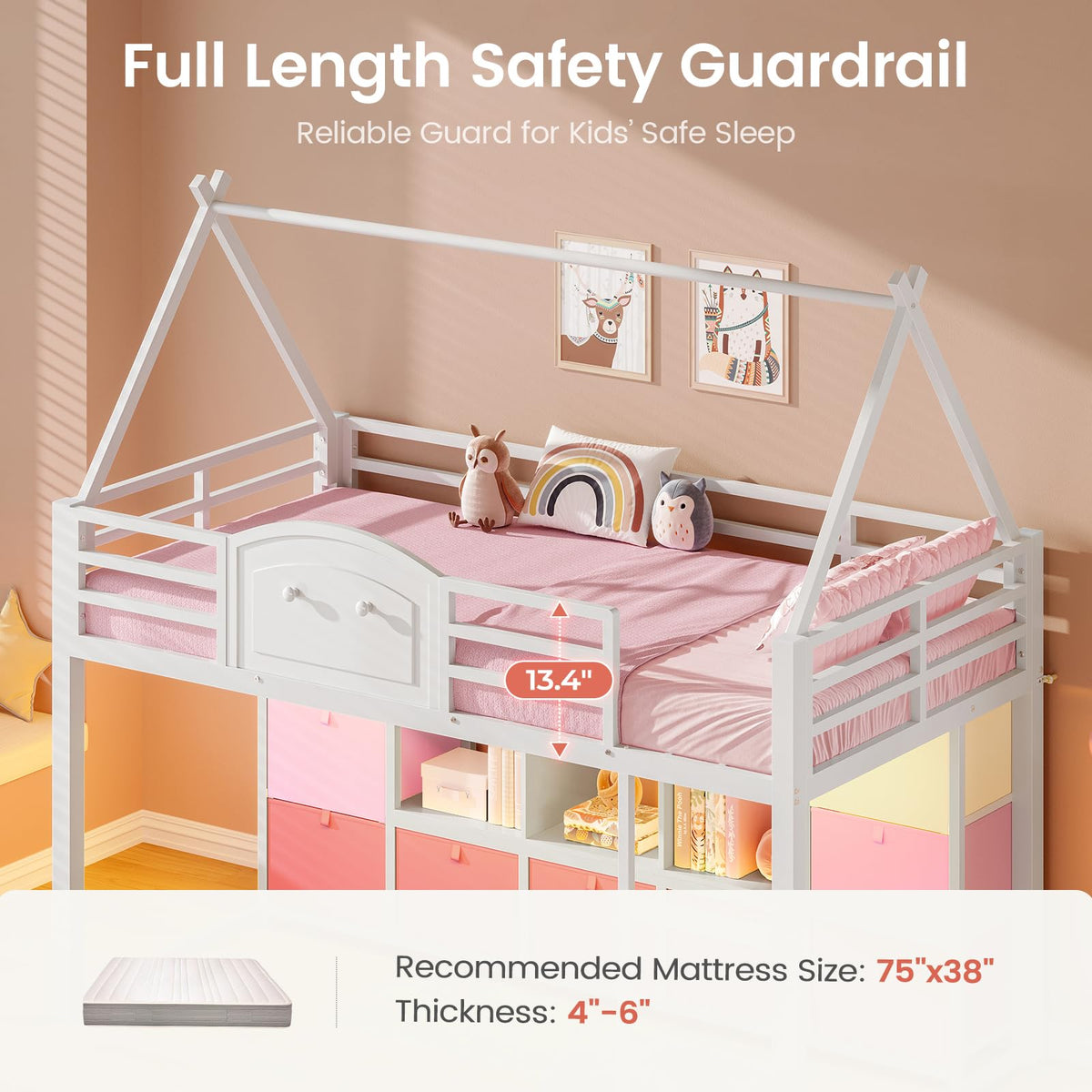 Twin Size Low Loft Bed with 9 Storage Drawers and Guardrail M7384