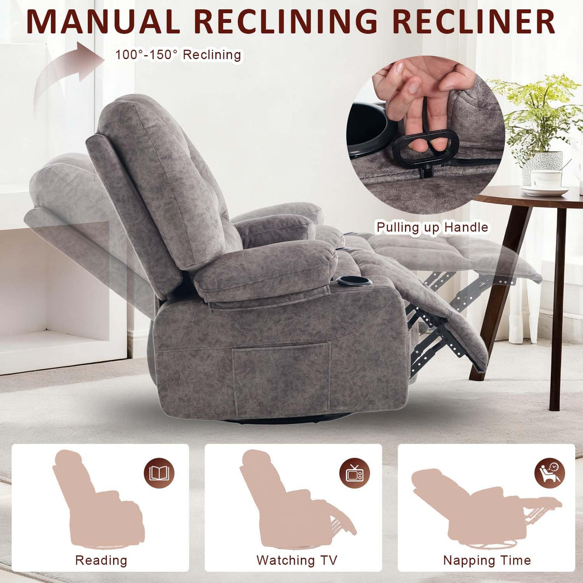 Oversized Grey Swivel Rocking Recliner Chair M39053