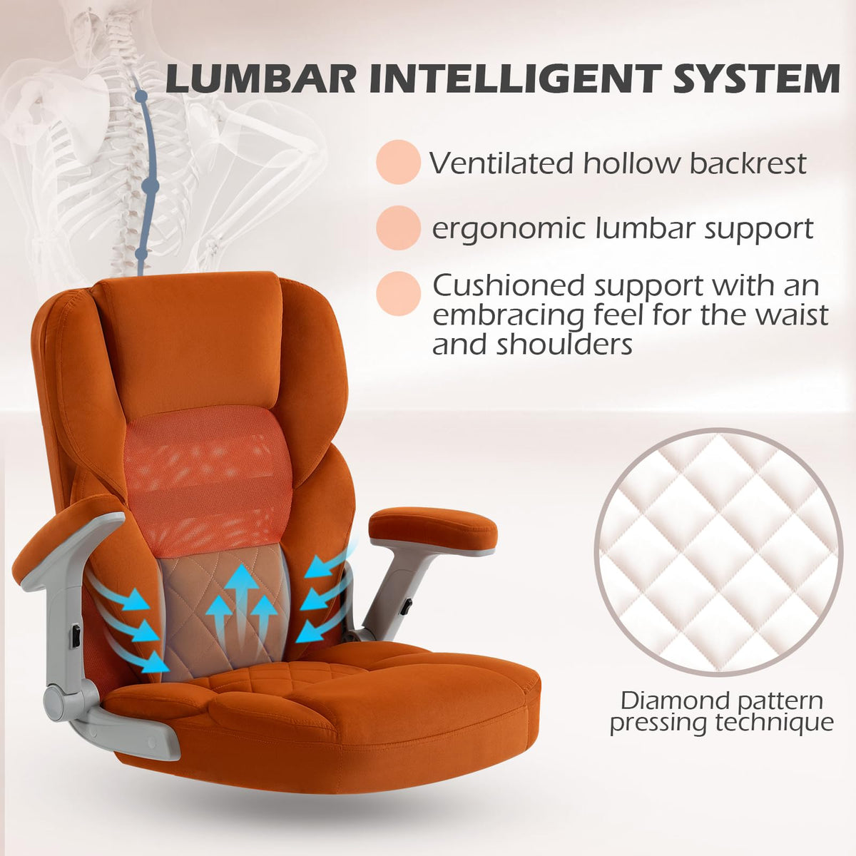 Orange Mesh and Velvet Office Chair with Arms and Wheels Q4422