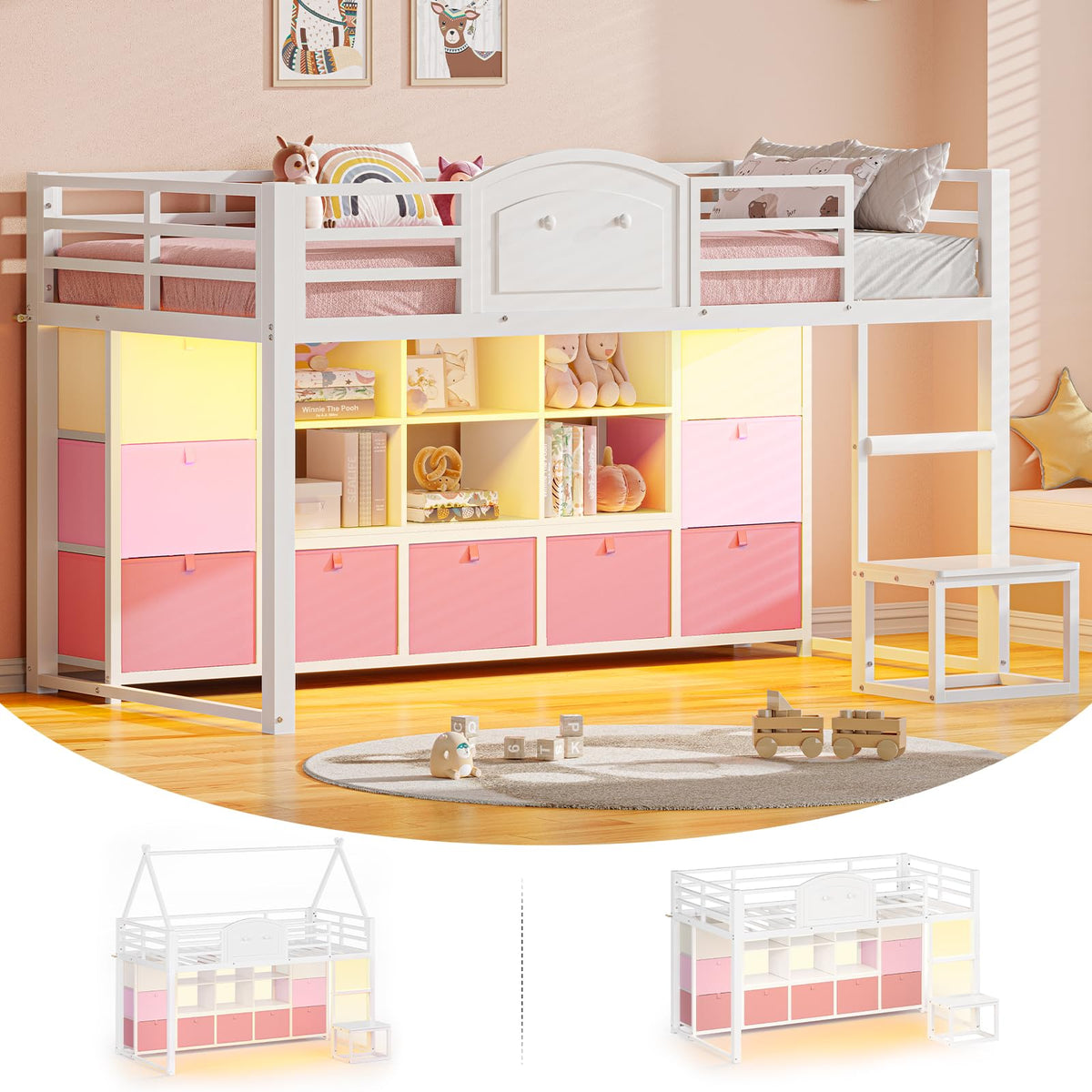 Twin Size Low Loft Bed with 9 Storage Drawers and Guardrail M7384