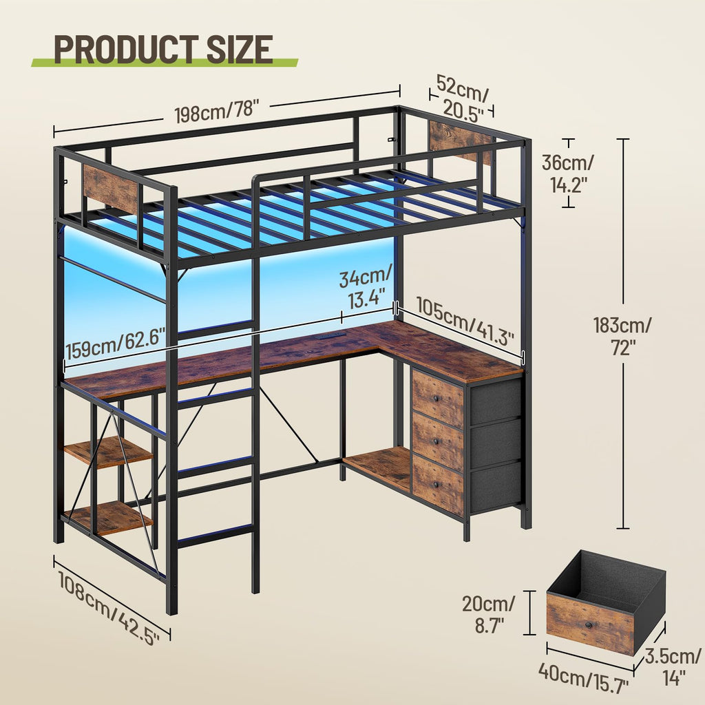 Twin Size Metal Loft Bed with L-Shaped Desk, 3 Storage Drawers, LED Light & Ladder V9363