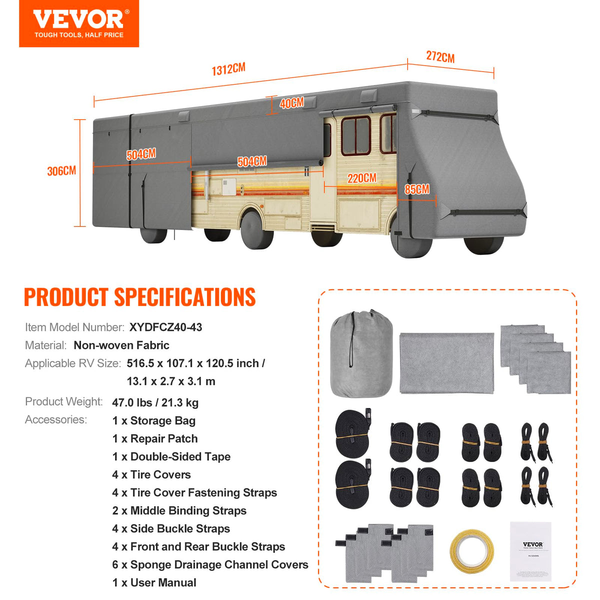 40-43 ft Non-Woven Fabric Waterproof RV Cover with Storage Bag V621