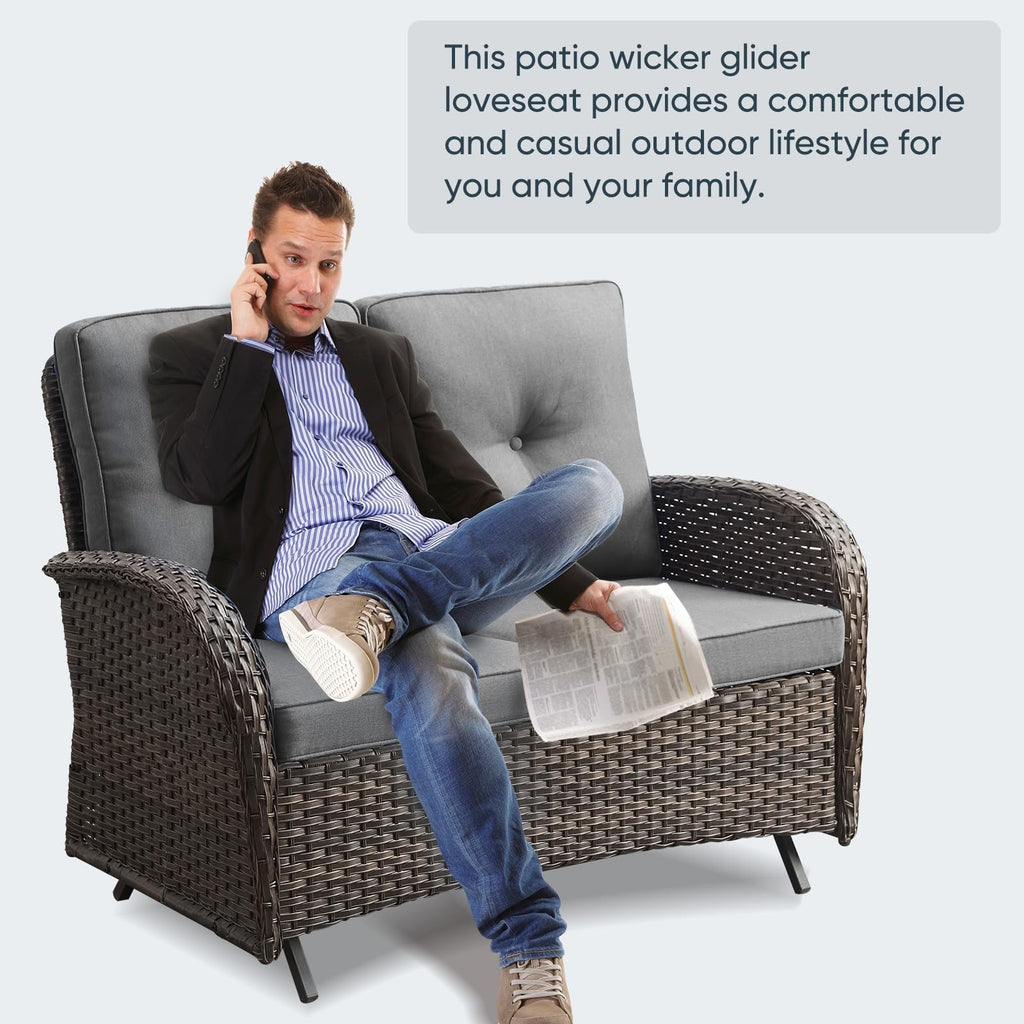 Brown 2 Seater Wicker Outdoor Glider Bench F789716