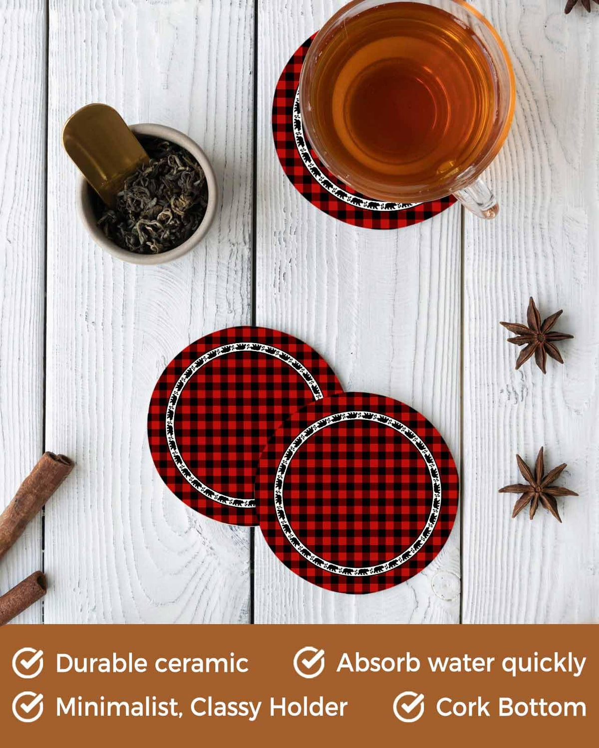 Red Black Buffalo Plaid Set of 6 Absorbent Stone Ceramic Coasters with Holder O57474