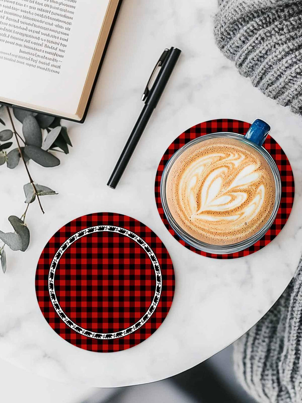 Red Black Buffalo Plaid Set of 6 Absorbent Stone Ceramic Coasters with Holder O57474