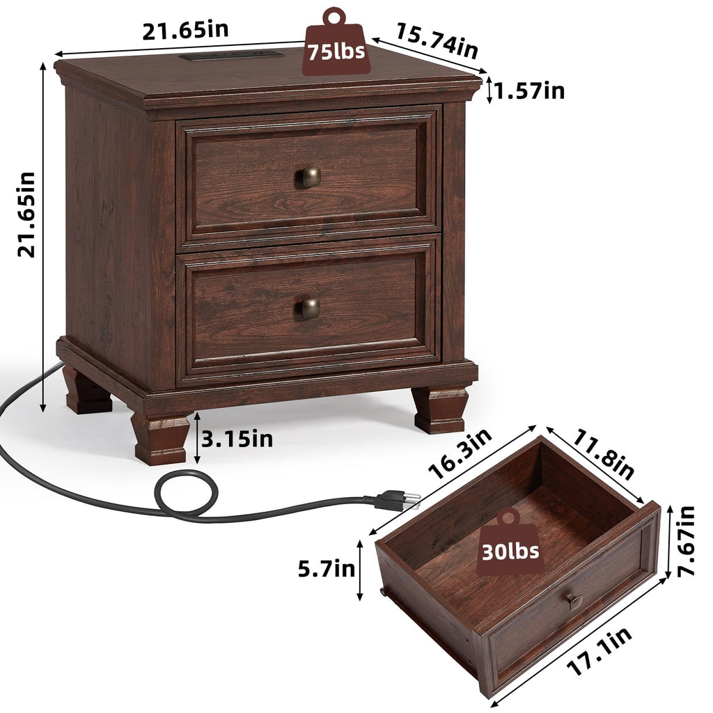 Nightstand Set of 2 with Charging Stations, 2 Drawers, Walnut A54284