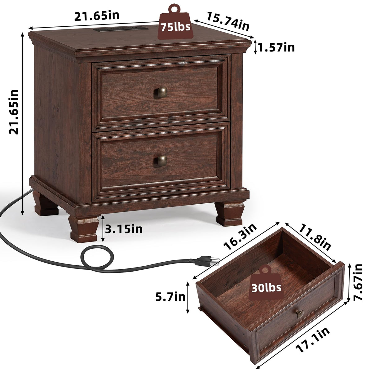 Nightstand Set of 2 with Charging Stations, 2 Drawers, Walnut A54284