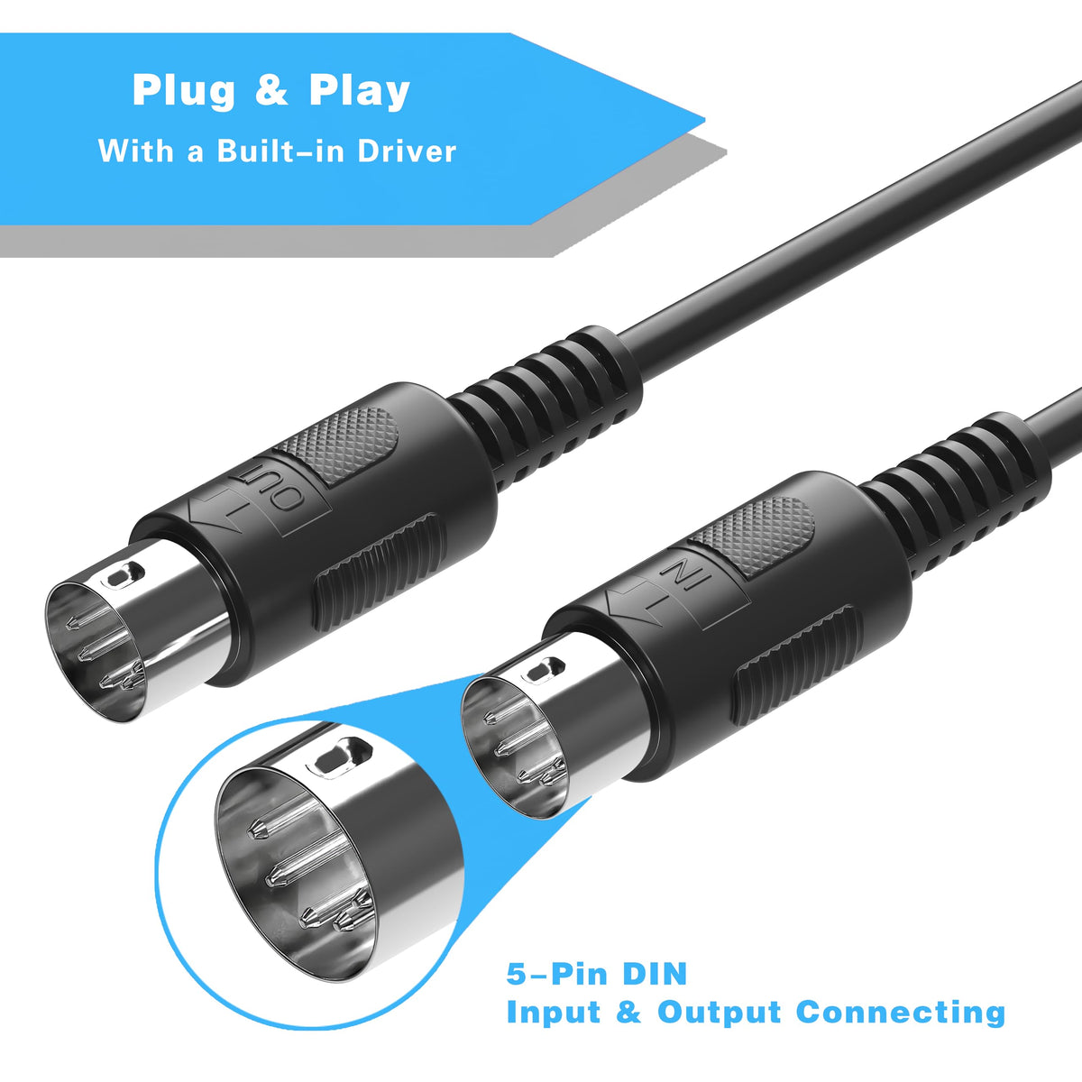 MIDI to USB Interface Cable with Input Output Black Orange 6.5Ft I254788