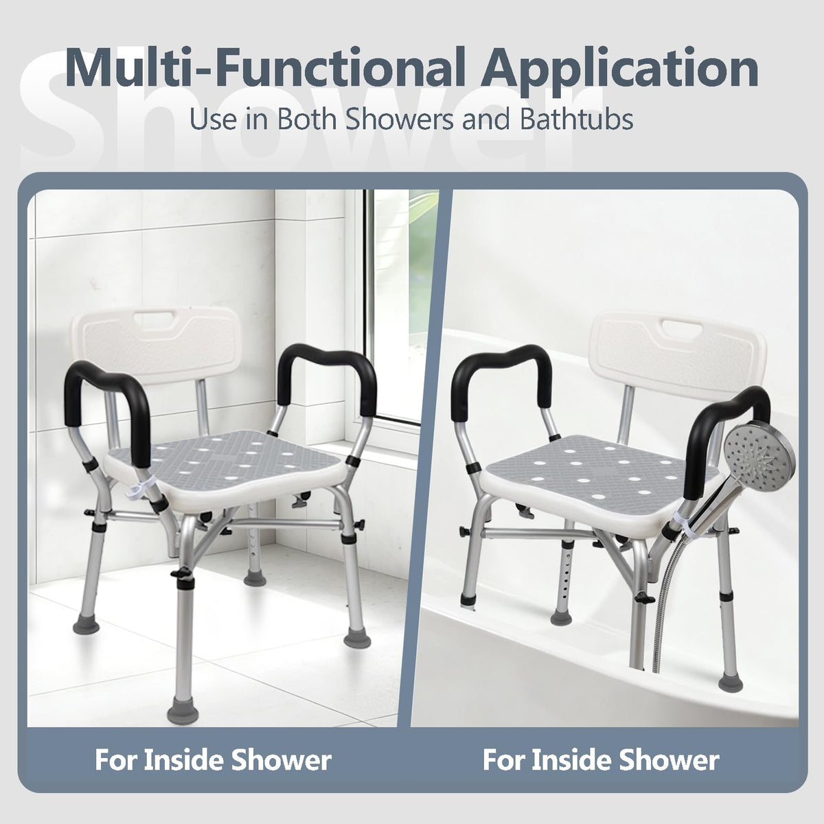 Adjustable Shower Chair with Arms & Back, 550 lb, Gray Z1160