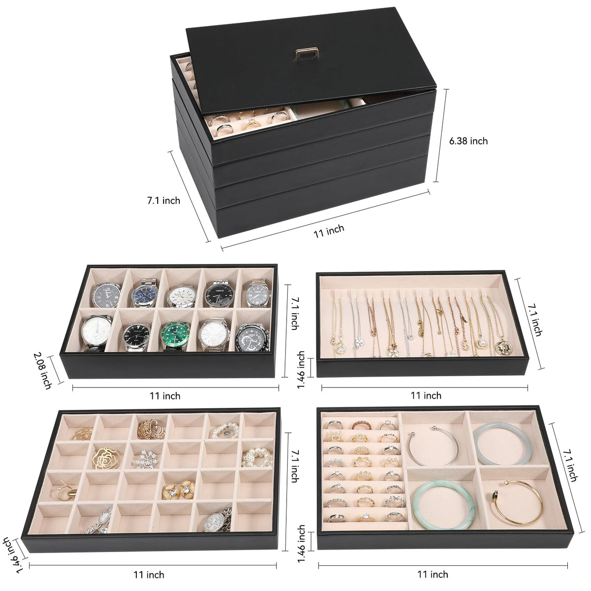 Stackable Jewelry Organizer Tray with Lid Set of 4 Black F581