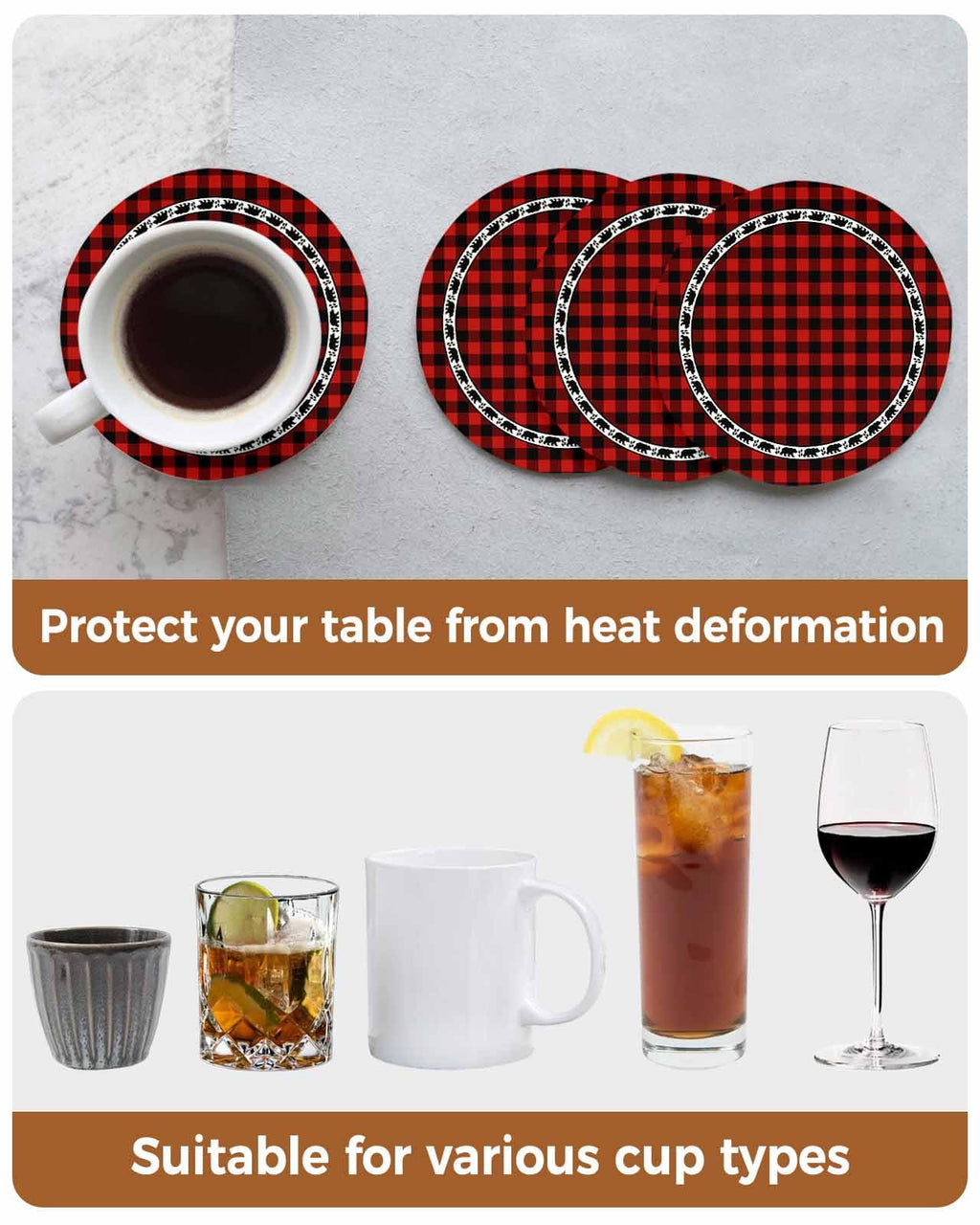 Red Black Buffalo Plaid Set of 6 Absorbent Stone Ceramic Coasters with Holder O57474