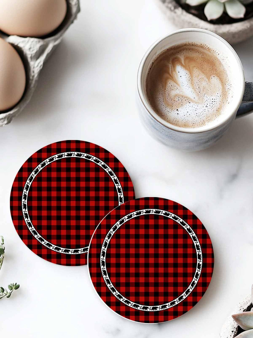 Red Black Buffalo Plaid Set of 6 Absorbent Stone Ceramic Coasters with Holder O57474