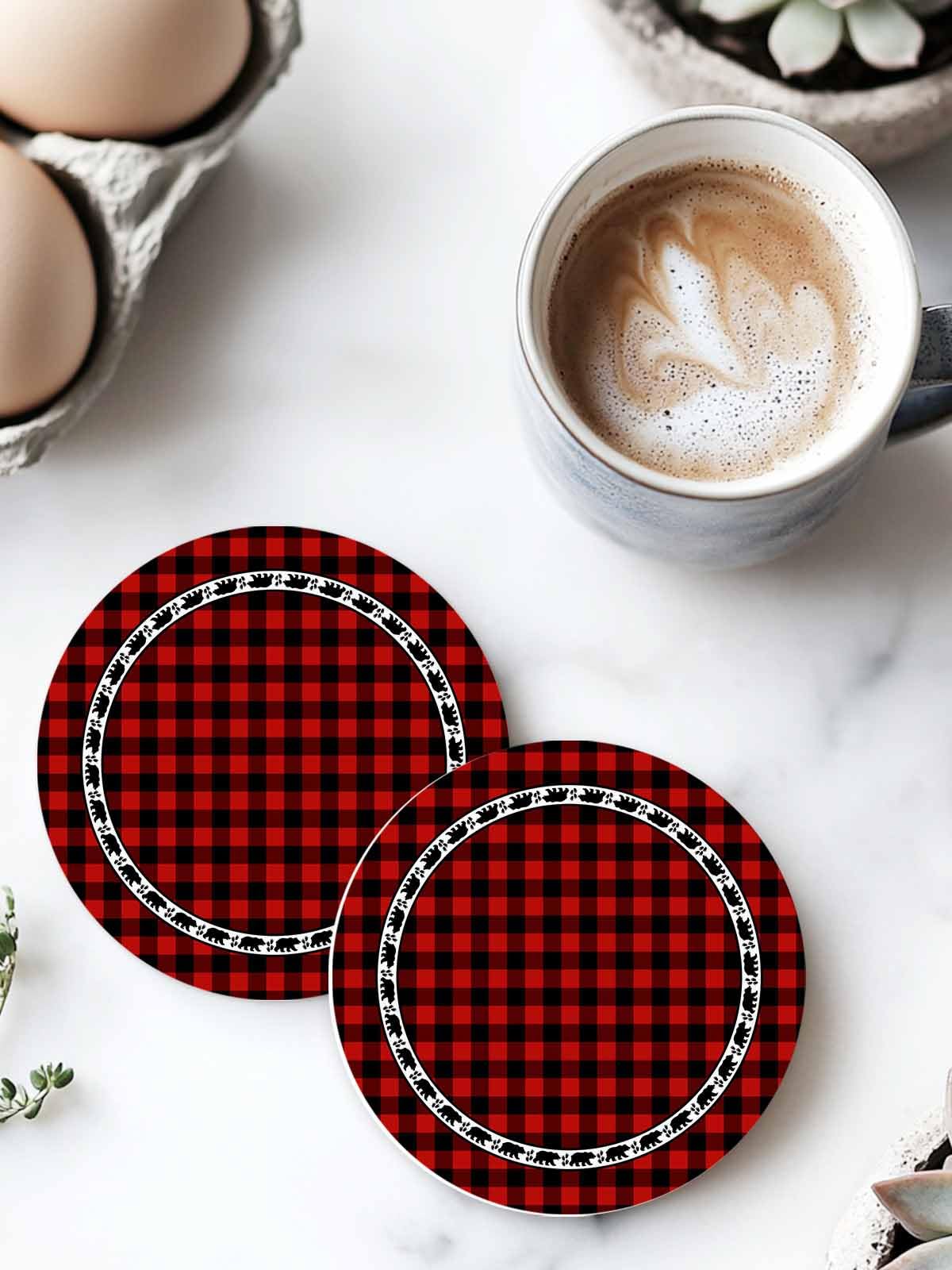 Red Black Buffalo Plaid Set of 6 Absorbent Stone Ceramic Coasters with Holder O57474