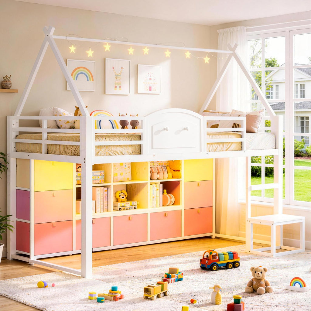 Twin Size Low Loft Bed with 9 Storage Drawers and Guardrail M7384