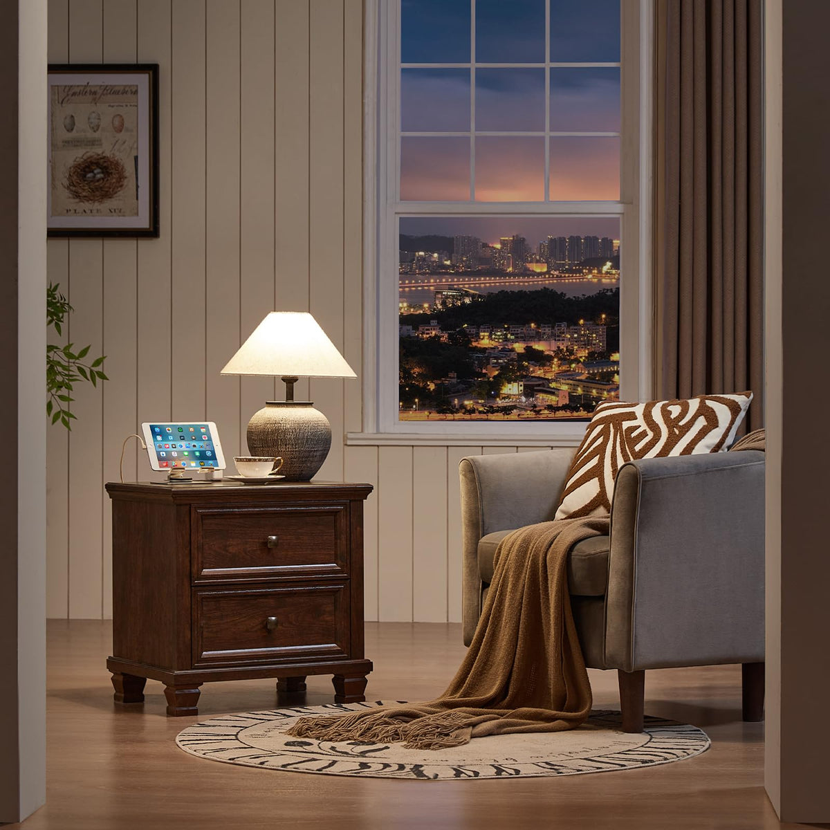 Nightstand Set of 2 with Charging Stations, 2 Drawers, Walnut A54284
