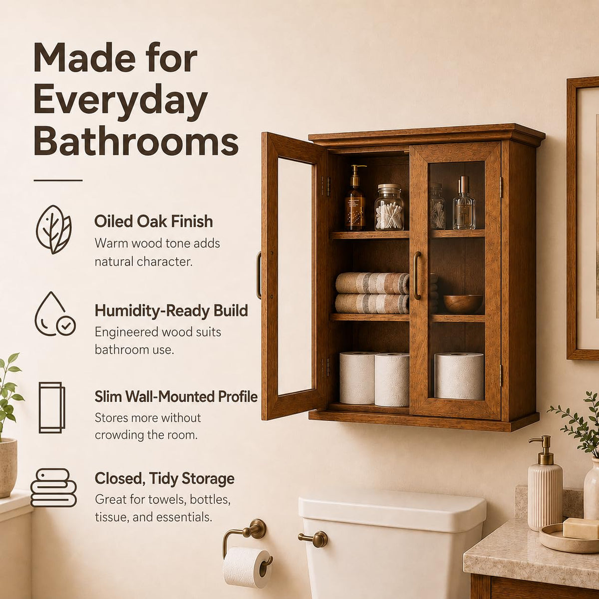 Wooden Over The Toilet Bathroom Medicine Cabinet with 2 Adjustable Shelves M414100