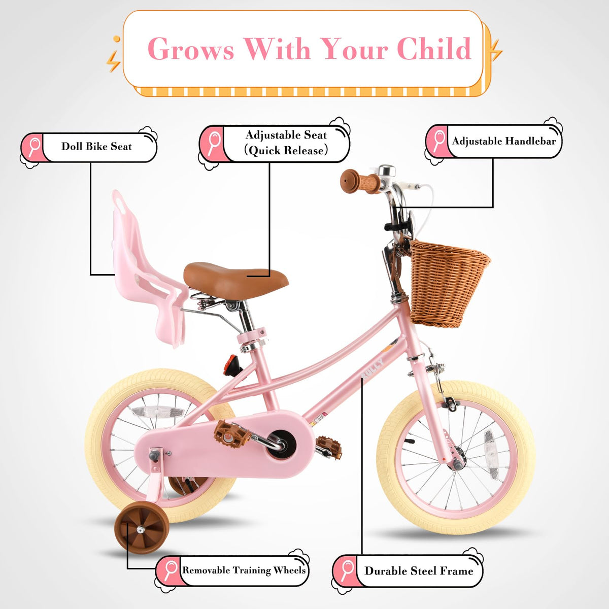 Kids Bike with Training Wheels, Basket and Streamers K374051