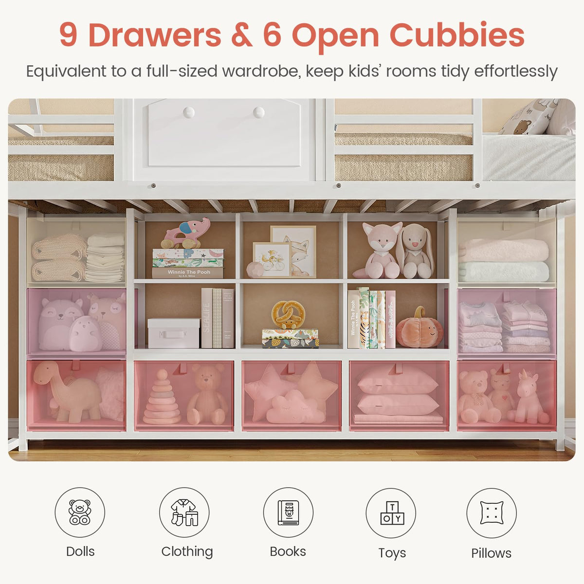 Twin Size Low Loft Bed with 9 Storage Drawers and Guardrail M7384