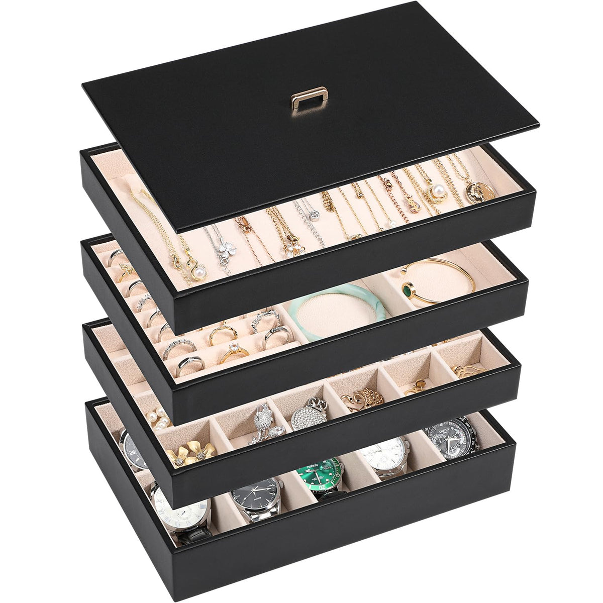 Stackable Jewelry Organizer Tray with Lid Set of 4 Black F581