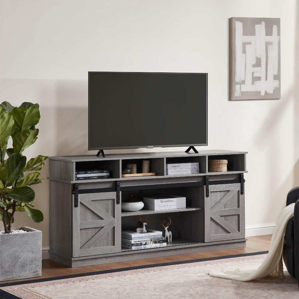 Grey Wood TV Stand with Sliding Barn Doors and 4 Drawers K464020