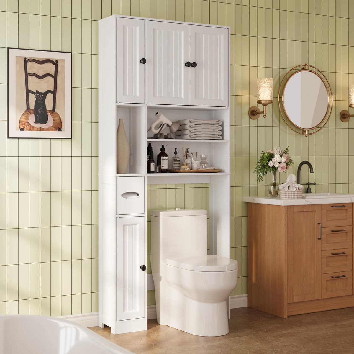 Over The Toilet Storage Cabinet with Five Doors White E1980