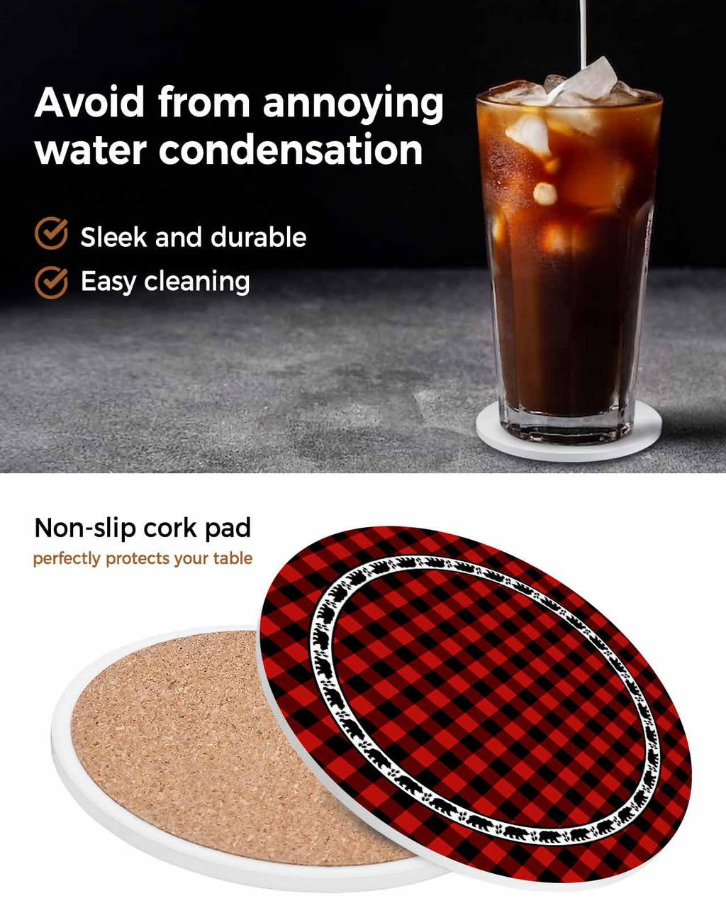 Red Black Buffalo Plaid Set of 6 Absorbent Stone Ceramic Coasters with Holder O57474