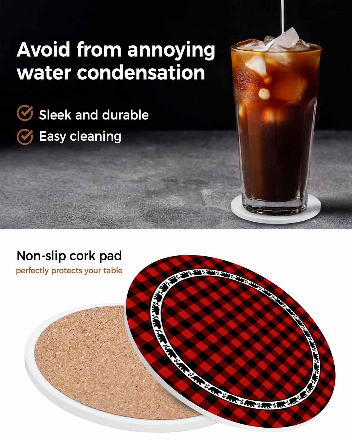 Red Black Buffalo Plaid Set of 6 Absorbent Stone Ceramic Coasters with Holder O57474