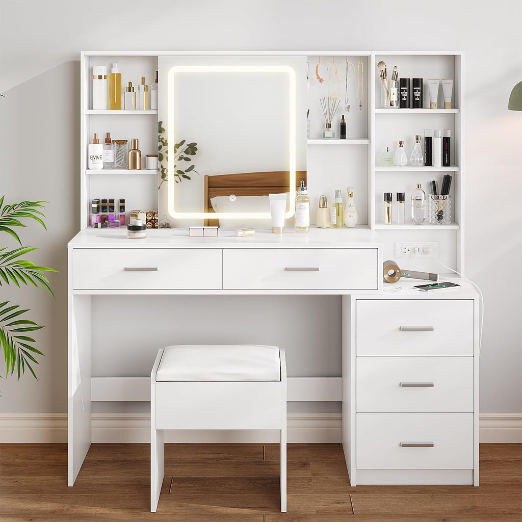White Vanity Desk with Lighted Sliding Mirror, 5 Drawers and Stool Set P64135