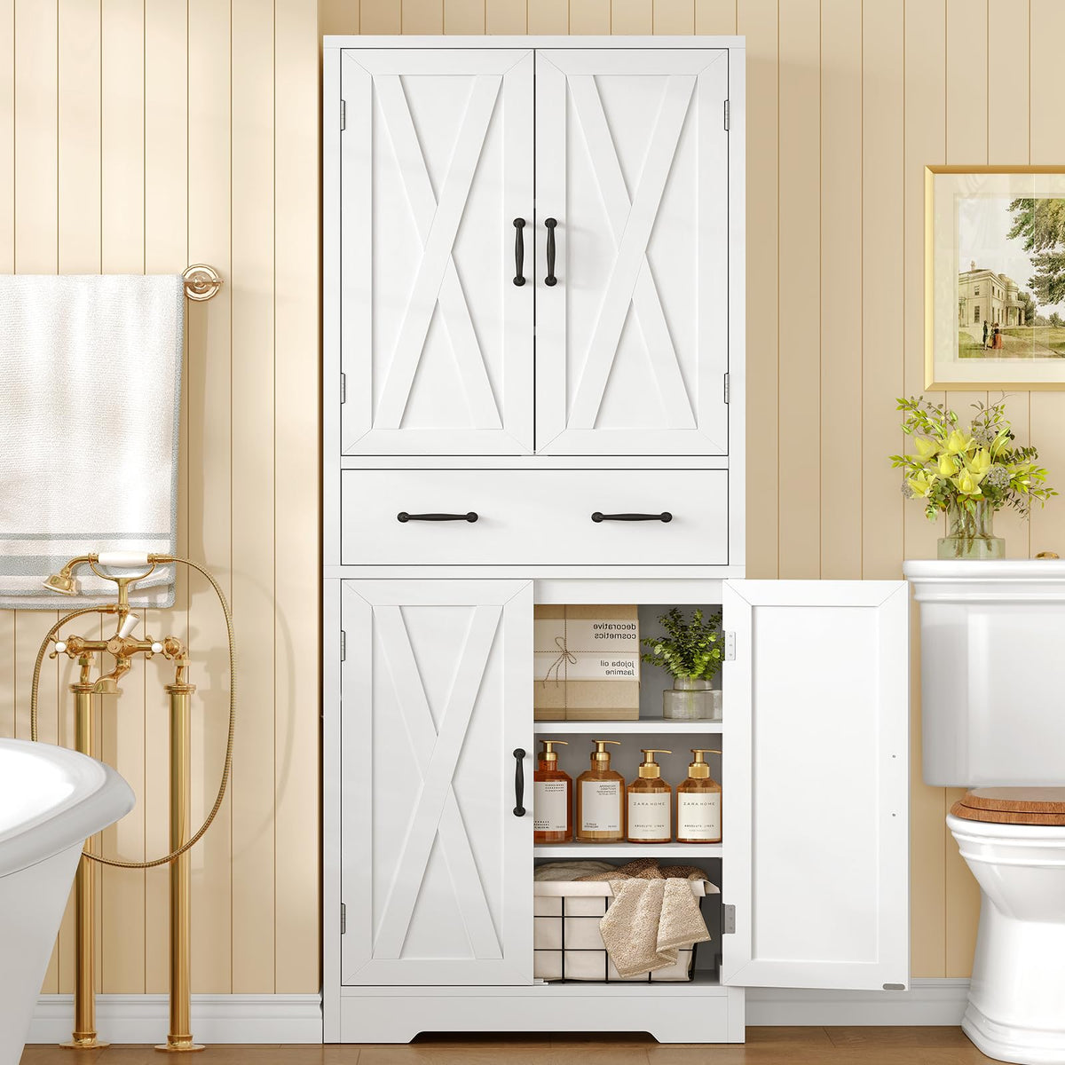 White Storage Cabinet with 2 Adjustable Shelves and Drawer M279403