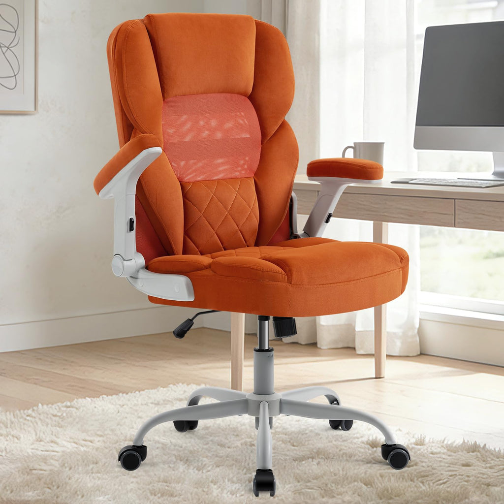 Orange Mesh and Velvet Office Chair with Arms and Wheels Q4422