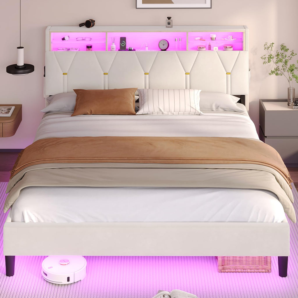 Full Size Velvet Upholstered Platform Bed Frame with Storage Headboard C97866