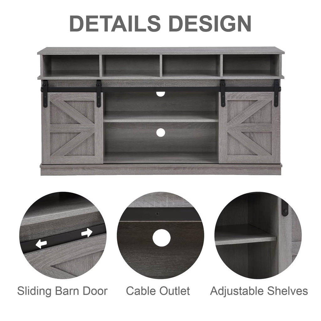 Grey Wood TV Stand with Sliding Barn Doors and 4 Drawers K464020