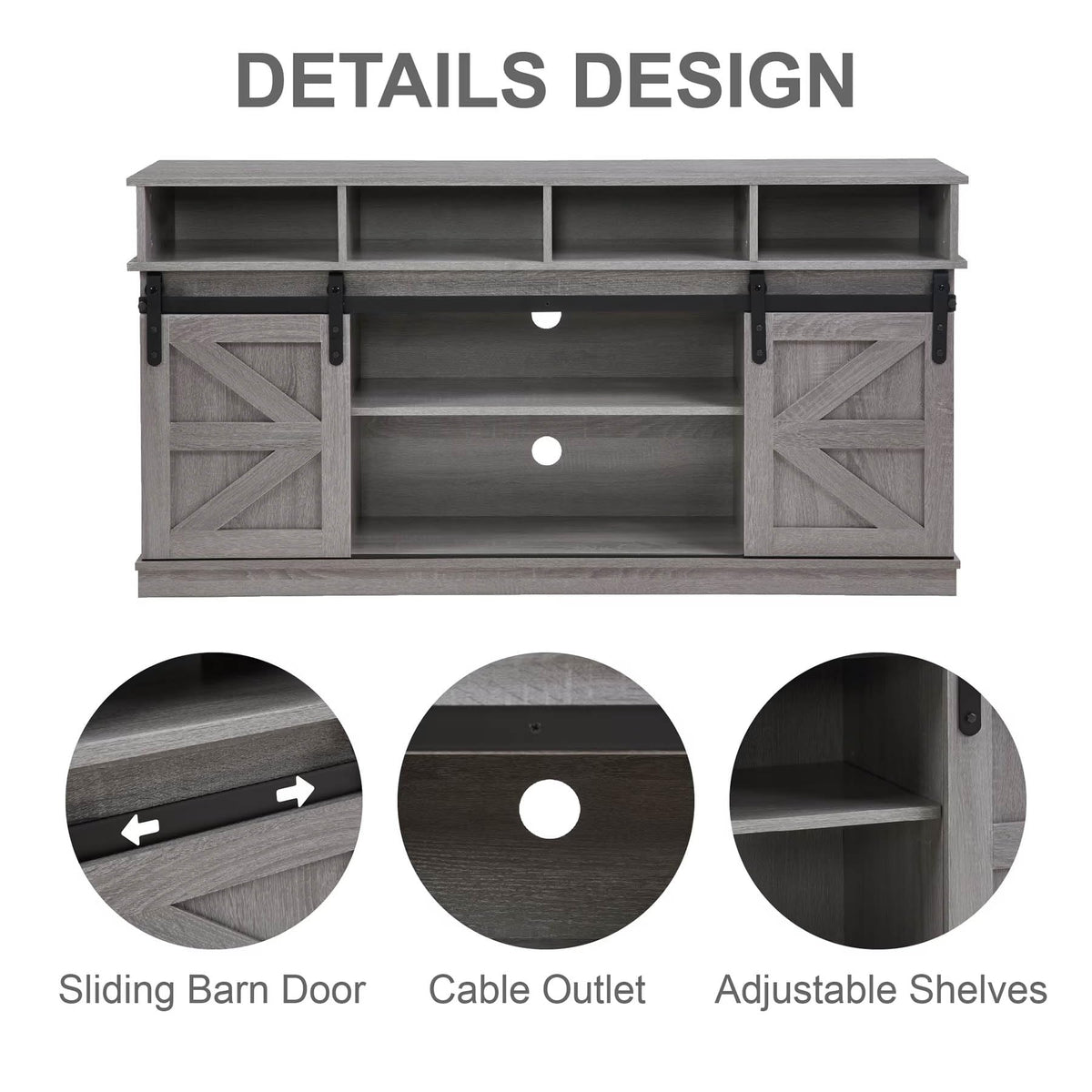 Grey Wood TV Stand with Sliding Barn Doors and 4 Drawers K464020